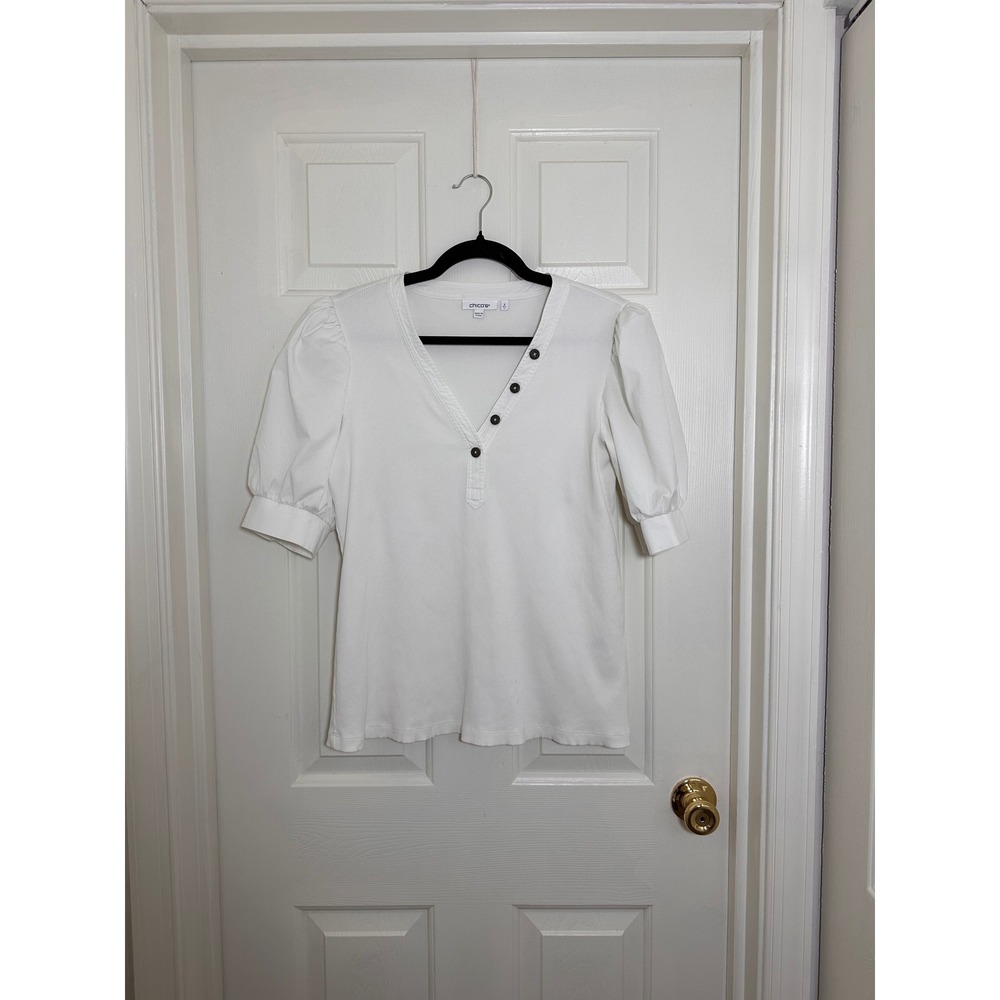 Chicos White Ribbed Puff Sleeve Henley Top V-Neck Size‎ 2 Large Cotton Blend